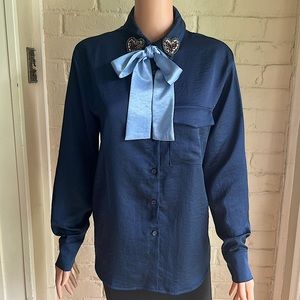 Sister Jane Navy Blue Button Down Shirt with Light Blue Bow